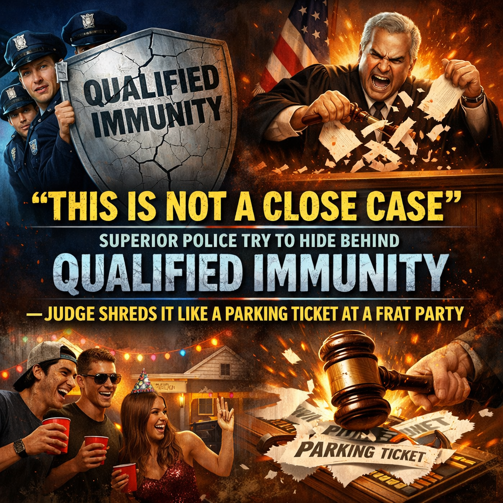 Illustration depicting the concept of qualified immunity with a judge and police officers in a courtroom setting.