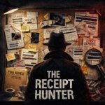 A detective examining a bulletin board filled with documents and notes related to The Receipt Hunter.