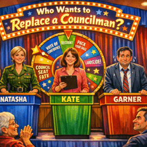 Game show titled 'Who Wants to Replace a Councilman?' featuring contestants Natasha, Kate, and Garner.