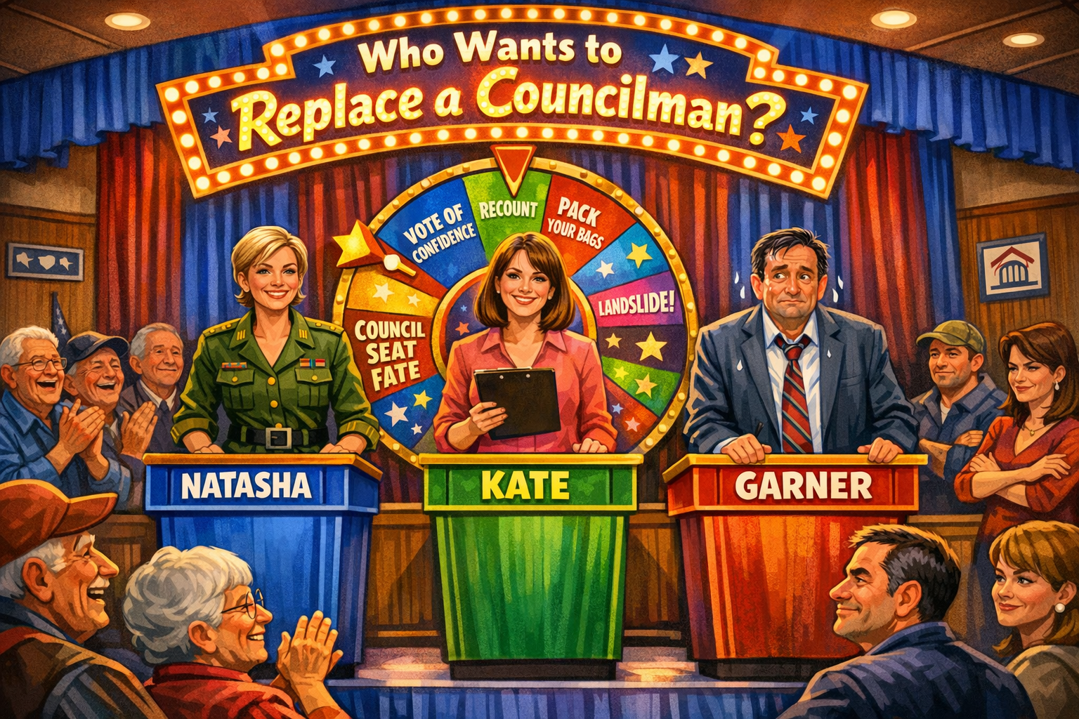Game show titled 'Who Wants to Replace a Councilman?' featuring contestants Natasha, Kate, and Garner.