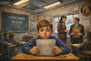 A student with a worried expression holding a notebook with 'HELP ME' written on it in a classroom setting.