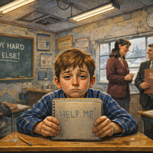 A student with a worried expression holding a notebook with 'HELP ME' written on it in a classroom setting.