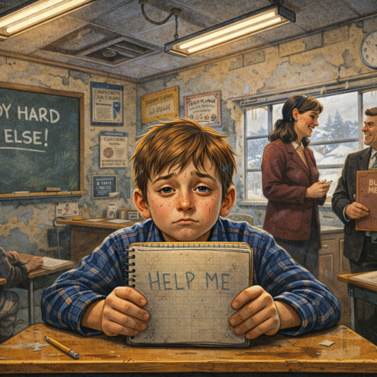 A student with a worried expression holding a notebook with 'HELP ME' written on it in a classroom setting.