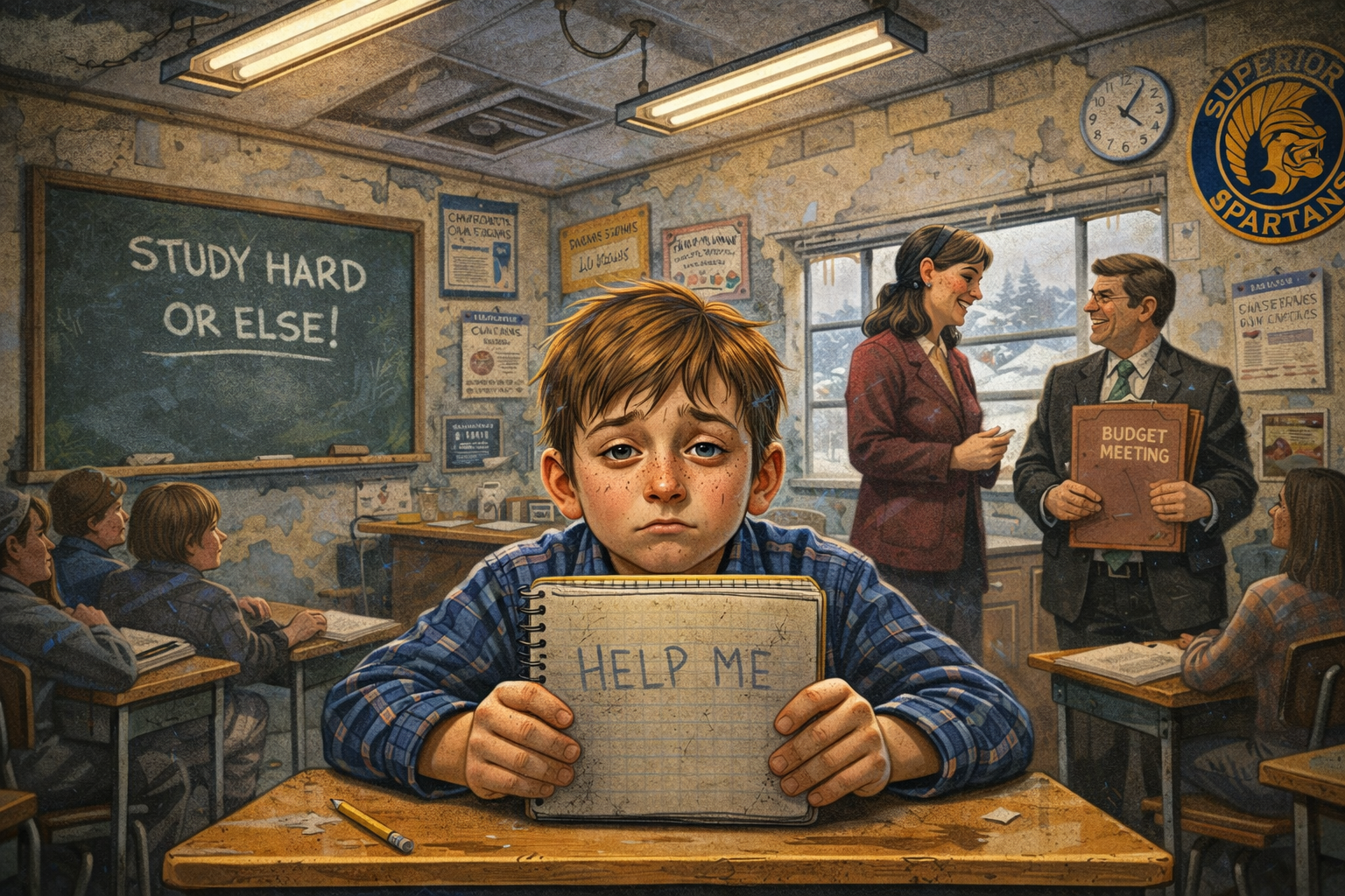 A student with a worried expression holding a notebook with 'HELP ME' written on it in a classroom setting.