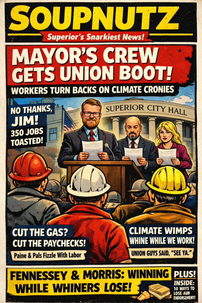 Parody newspaper front page showing Mayor Jim Paine and city officials at a podium, bold red headline 'MAYOR'S CREW GETS UNION BOOT!' with workers in hard hats in the foreground