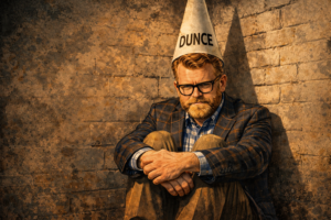 jim paine wearing glasses sits against a brick wall, donning a paper dunce hat labeled DUNCE, in warm, earthy tones with a reflective mood.