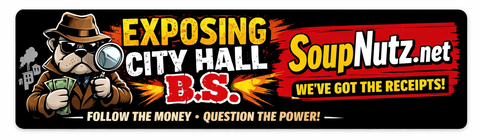 Bold colorful cartoon bulldog detective in a fedora and trench coat holding cash, set against a striking banner that reads City Hall BS, with magnifying glass imagery