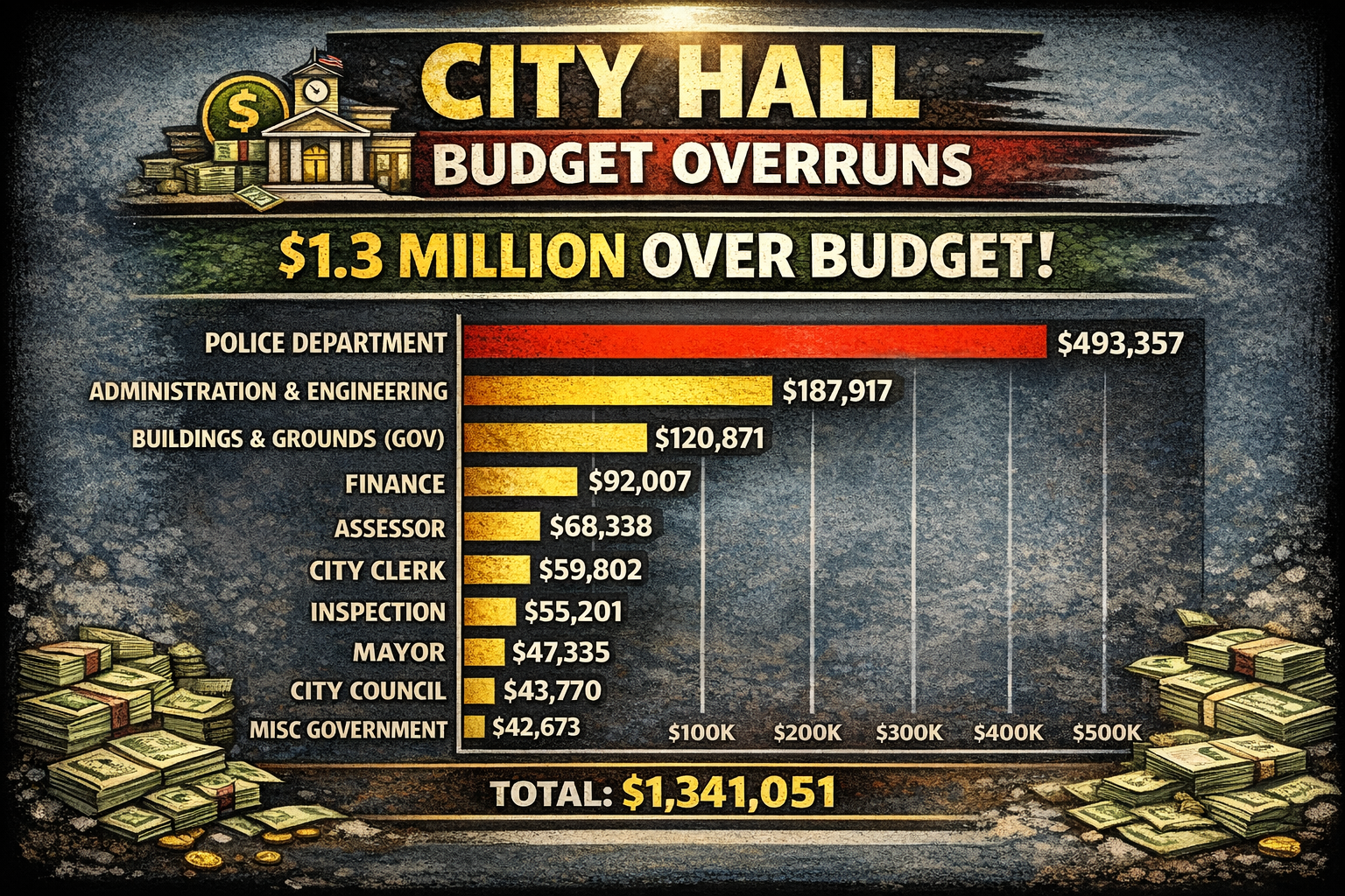 Infographic titled City Hall Budget Overruns showing department spending bars such as Police Department and Administration & Engineering with dollar values in red and gold