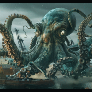 Harbor scene in City of Superior featuring a colossal octopus-like creature towering over cranes and ships during stormy, rainy weather