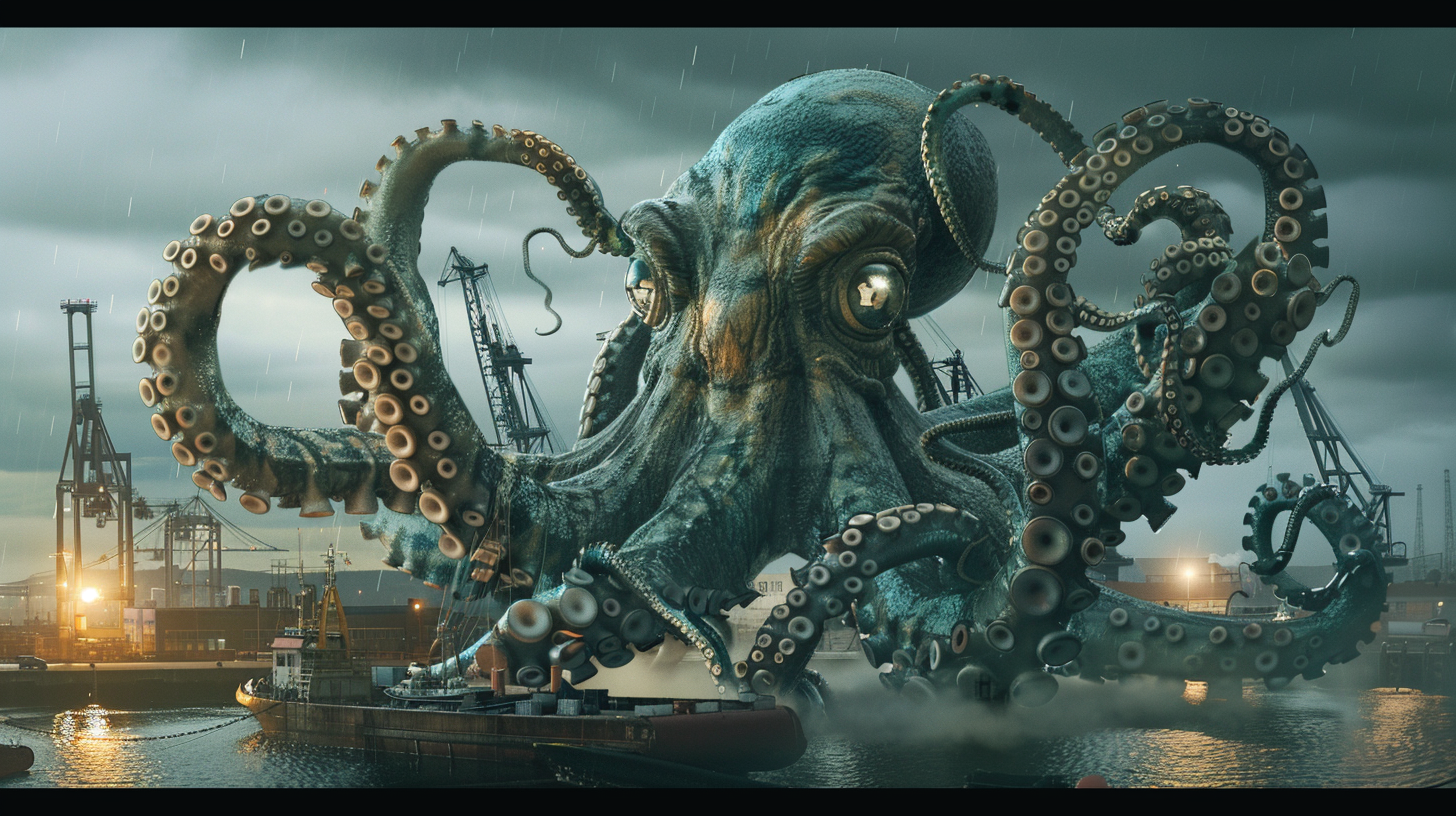 Harbor scene in City of Superior featuring a colossal octopus-like creature towering over cranes and ships during stormy, rainy weather