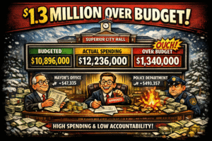 Cartoon illustration from SoupNutz depicting city hall budget overrun showing officials, stacks of money, and the headline 1.3 MILLION OVER BUDGET