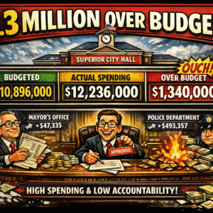 Cartoon illustration from SoupNutz depicting city hall budget overrun showing officials, stacks of money, and the headline 1.3 MILLION OVER BUDGET