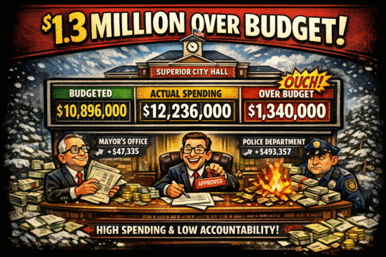 Cartoon illustration from SoupNutz depicting city hall budget overrun showing officials, stacks of money, and the headline 1.3 MILLION OVER BUDGET