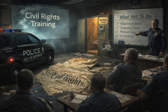 Jim Paine leads a Superior Police Department Civil Rights Training session, with a 'What Not To Do' list on a board, officers in uniform, a 'Mother's Room' sign, and a cluttered training room ambiance