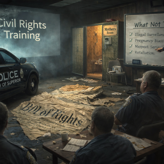 Jim Paine leads a Superior Police Department Civil Rights Training session, with a 'What Not To Do' list on a board, officers in uniform, a 'Mother's Room' sign, and a cluttered training room ambiance