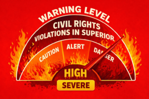 Red warning gauge with flames, showing high severity with labels CAUTION, ALERT, DANGER and the words Civil Rights Violations in Superior across a curved dial