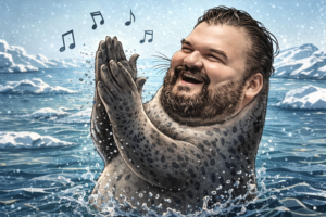 SoupNutz bearded man with a wide smile clapping his hands in icy blue water, snow and ice in the background, splashes around, energetic scene