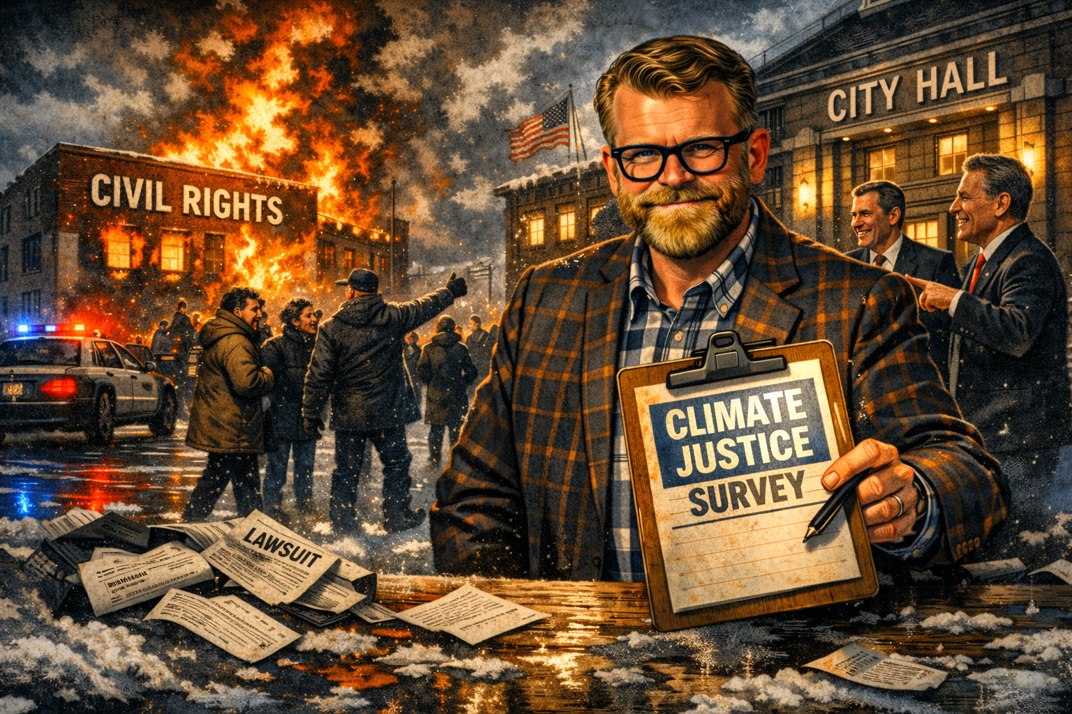 A bearded man with glasses in a plaid blazer holds a clipboard reading Climate Justice Survey as a city hall burns in flames behind protesters in Superior, Wisconsin