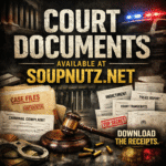 Graphic design featuring court documents with a gavel and police lights, available at SoupNutz.