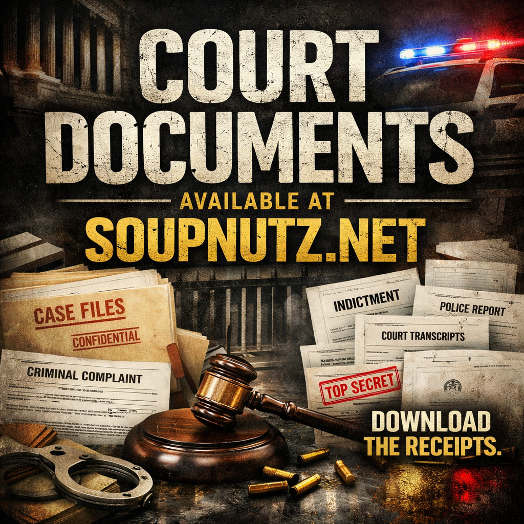 Graphic design featuring court documents with a gavel and police lights, available at SoupNutz.