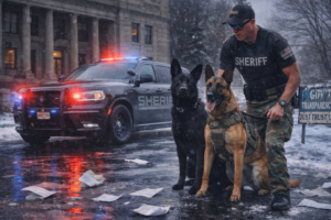 Douglas County Sheriff in tactical gear with a black German Shepherd and a tan German Shepherd on a snowy street, police vehicle with red and blue lights in the background, sign and buildings visible