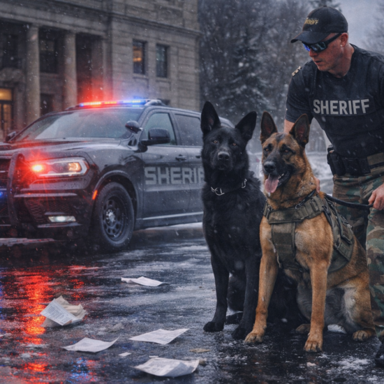 Douglas County Sheriff in tactical gear with a black German Shepherd and a tan German Shepherd on a snowy street, police vehicle with red and blue lights in the background, sign and buildings visible