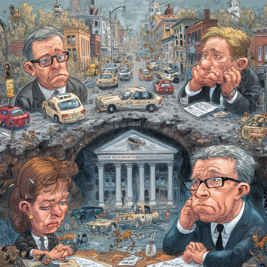 Cartoon illustration depicting officials in a chaotic city scene with damaged streets and vehicles.