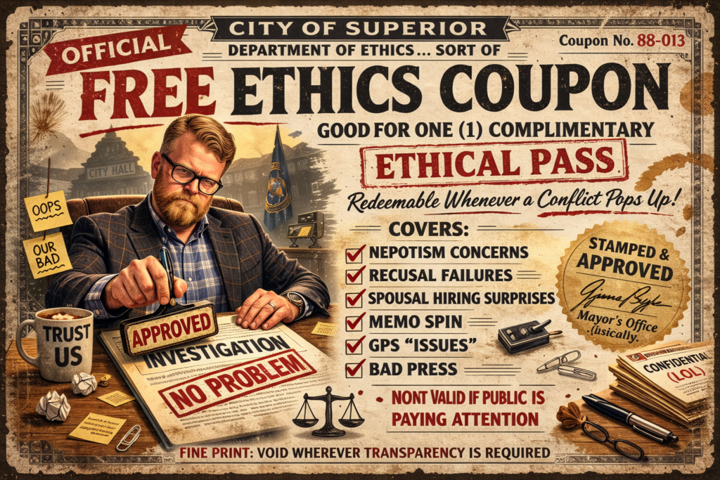Vintage sepia-toned illustration with a bearded man in a checked blazer stamping 'APPROVED' on papers titled INVESTIGATION and NO PROBLEM, under a large 'FREE ETHICS COUPON' banner