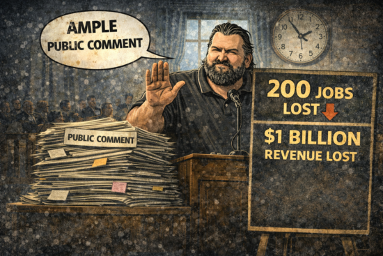 Cartoon of Garner Moffat at a podium with a towering stack labeled Public Comment, a speech bubble reading Ample Public Comment, and a sign showing 200 Jobs Lost and $1 Billion Revenue Lost; featuring Nick Ledin in the background