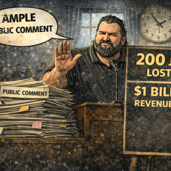 Cartoon of Garner Moffat at a podium with a towering stack labeled Public Comment, a speech bubble reading Ample Public Comment, and a sign showing 200 Jobs Lost and $1 Billion Revenue Lost; featuring Nick Ledin in the background
