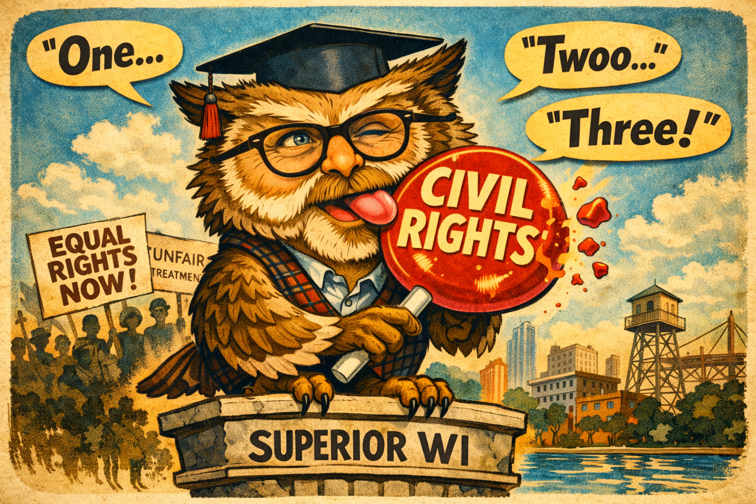 Illustration of an orange-brown owl wearing a graduation cap and glasses perched on a stone pedestal labeled Superior WI, with a large red globe reading 'CIVIL RIGHTS'.