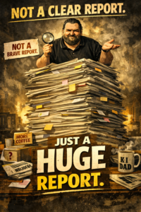 Editorial poster featuring a bearded man holding a magnifying glass above a towering pile of stacked papers, with bold text reading Not a Clear Report and Just a Huge Report