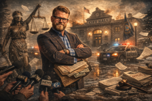 Jim Paine stands with folded arms in front of a stormy, snow-filled scene featuring City Hall, a police car, and scattered papers, representing SoupNutz coverage.