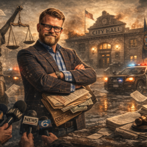 Jim Paine stands with folded arms in front of a stormy, snow-filled scene featuring City Hall, a police car, and scattered papers, representing SoupNutz coverage.