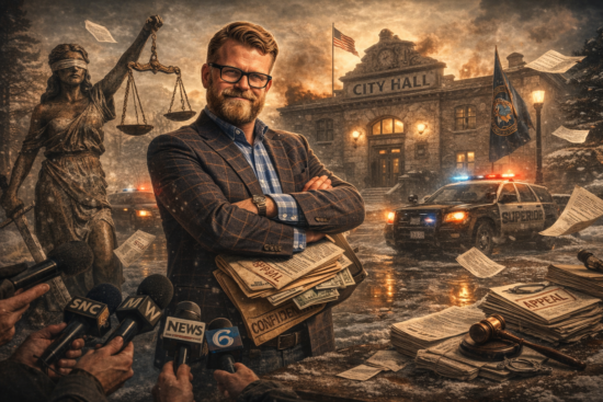 Jim Paine stands with folded arms in front of a stormy, snow-filled scene featuring City Hall, a police car, and scattered papers, representing SoupNutz coverage.