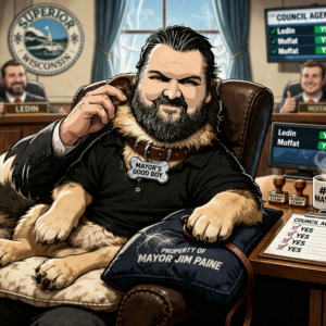 Cartoon lapdog with a fluffy fur, wearing a collar and a tag reading Mayor's Good Boy in the Superior City Council chamber, with council members Ledin and Moffat on screens in the background, and a pillow labeled Property of Mayor Jim Paine