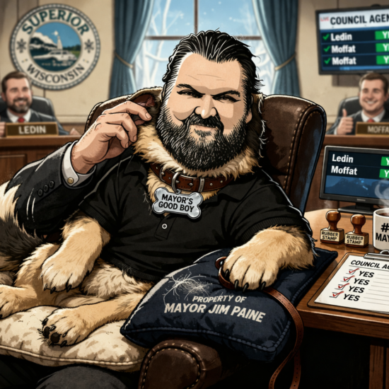 Cartoon lapdog with a fluffy fur, wearing a collar and a tag reading Mayor's Good Boy in the Superior City Council chamber, with council members Ledin and Moffat on screens in the background, and a pillow labeled Property of Mayor Jim Paine