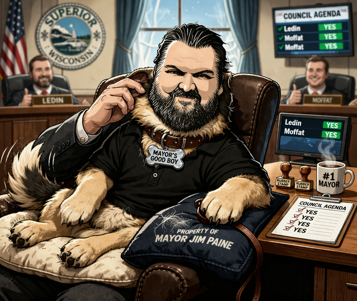 Cartoon lapdog with a fluffy fur, wearing a collar and a tag reading Mayor's Good Boy in the Superior City Council chamber, with council members Ledin and Moffat on screens in the background, and a pillow labeled Property of Mayor Jim Paine