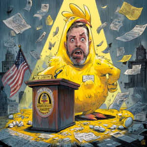 A cartoon character in a chicken costume stands at a podium surrounded by scattered papers and eggs.