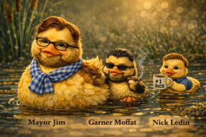 Three illustrated ducklings with glasses and a scarf float on a golden pond; the largest wears a blue check scarf and glasses, the middle has sunglasses and a cigar, and the smallest holds a '#1 DUCK' mug