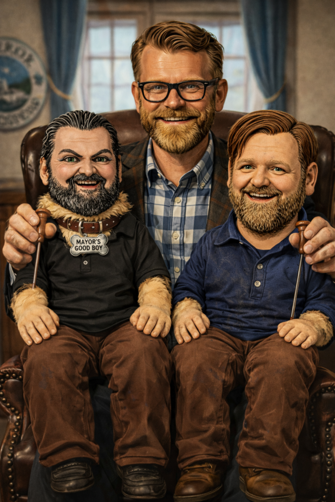 Mayor Jim Paine puppets with two bearded dummies wearing brown pants and plaid blue shirt, one with a collar tag and the other holding a wooden gavel, in an indoor office-like room with blue curtains