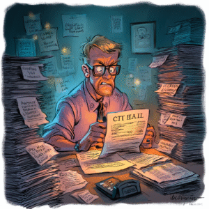 Illustration of Jim Paine at City Hall, wearing glasses, surrounded by tall stacks of documents and sticky notes under blue lighting