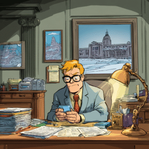 Cartoon illustration of Mayor Jim Paine in a cluttered office with papers, a desk lamp, and a cityscape visible through the window