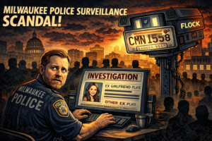 Milwaukee police officer at a surveillance control desk with a large Flock camera and an investigation board labeled EX GIRLFRIEND PLATE, orange-toned cityscape backdrop