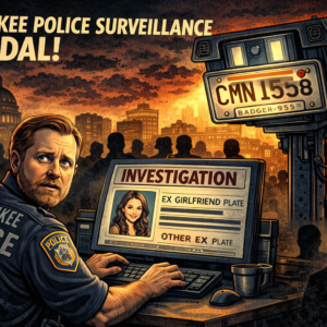 Milwaukee police officer at a surveillance control desk with a large Flock camera and an investigation board labeled EX GIRLFRIEND PLATE, orange-toned cityscape backdrop