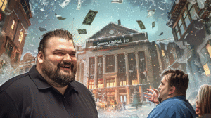 SoupNutz illustration showing Superior City Hall in a snowy urban setting with dollar bills raining down, two men in the foreground, and a festive, chaotic mood