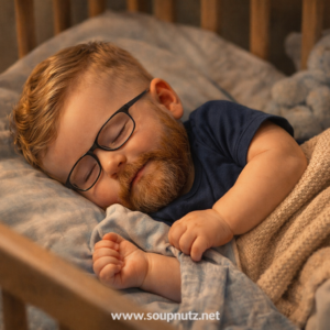 A sleeping child with dark-framed glasses lies in bed, wearing a blue shirt and covered by a beige blanket; image linked to Jim Paine article on SoupNutz