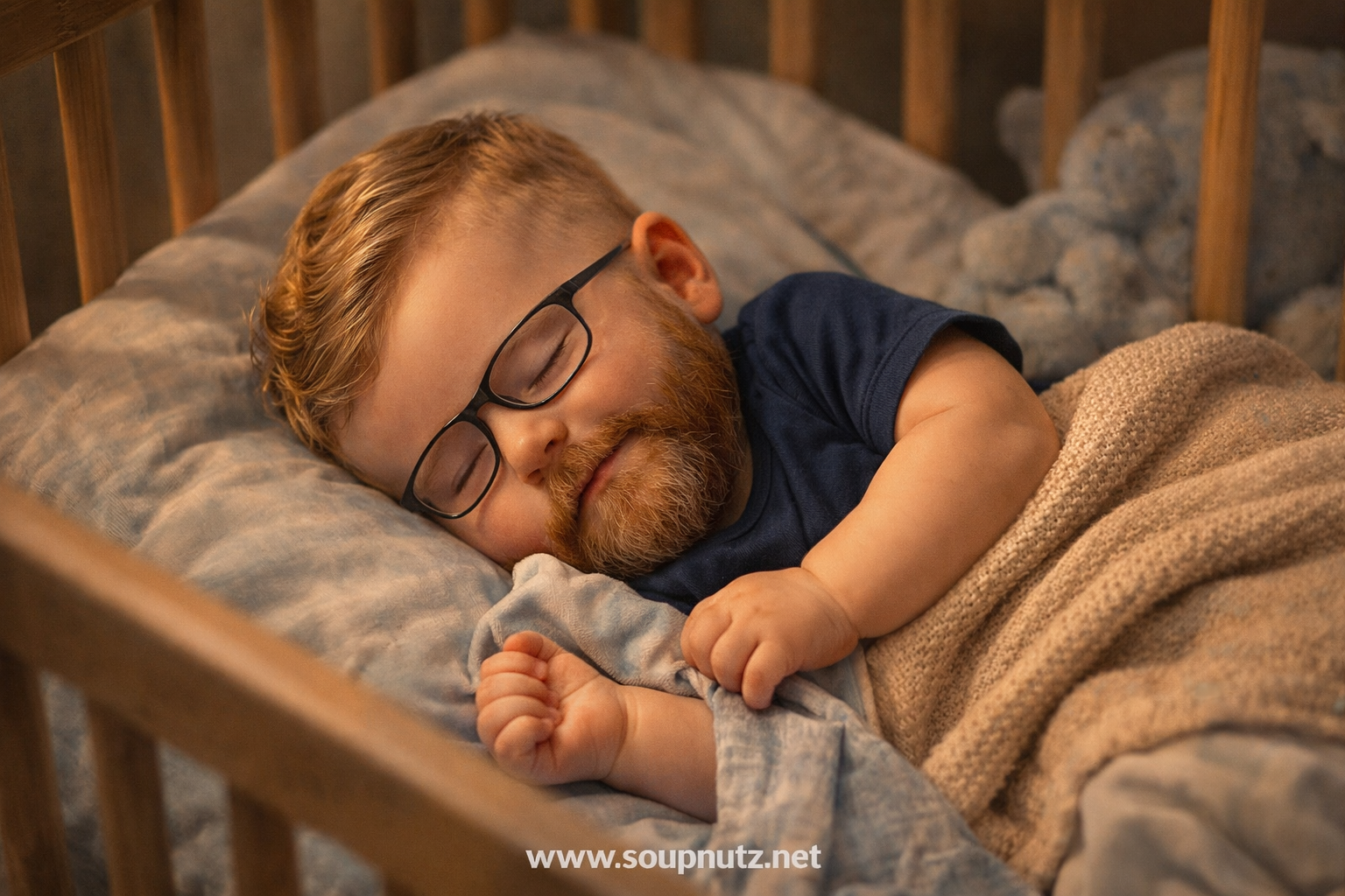 A sleeping child with dark-framed glasses lies in bed, wearing a blue shirt and covered by a beige blanket; image linked to Jim Paine article on SoupNutz