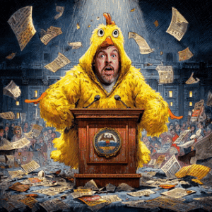 Nick "LockStep" Ledin wearing a yellow chicken costume stands at a podium, surrounded by scattered papers and a crowd in the background.