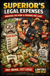 Cartoon illustration titled Superior's Legal Expenses showing a lawyer smoking a cigar, a gavel, and money bags, referencing City of Superior and NTEC environmental issues